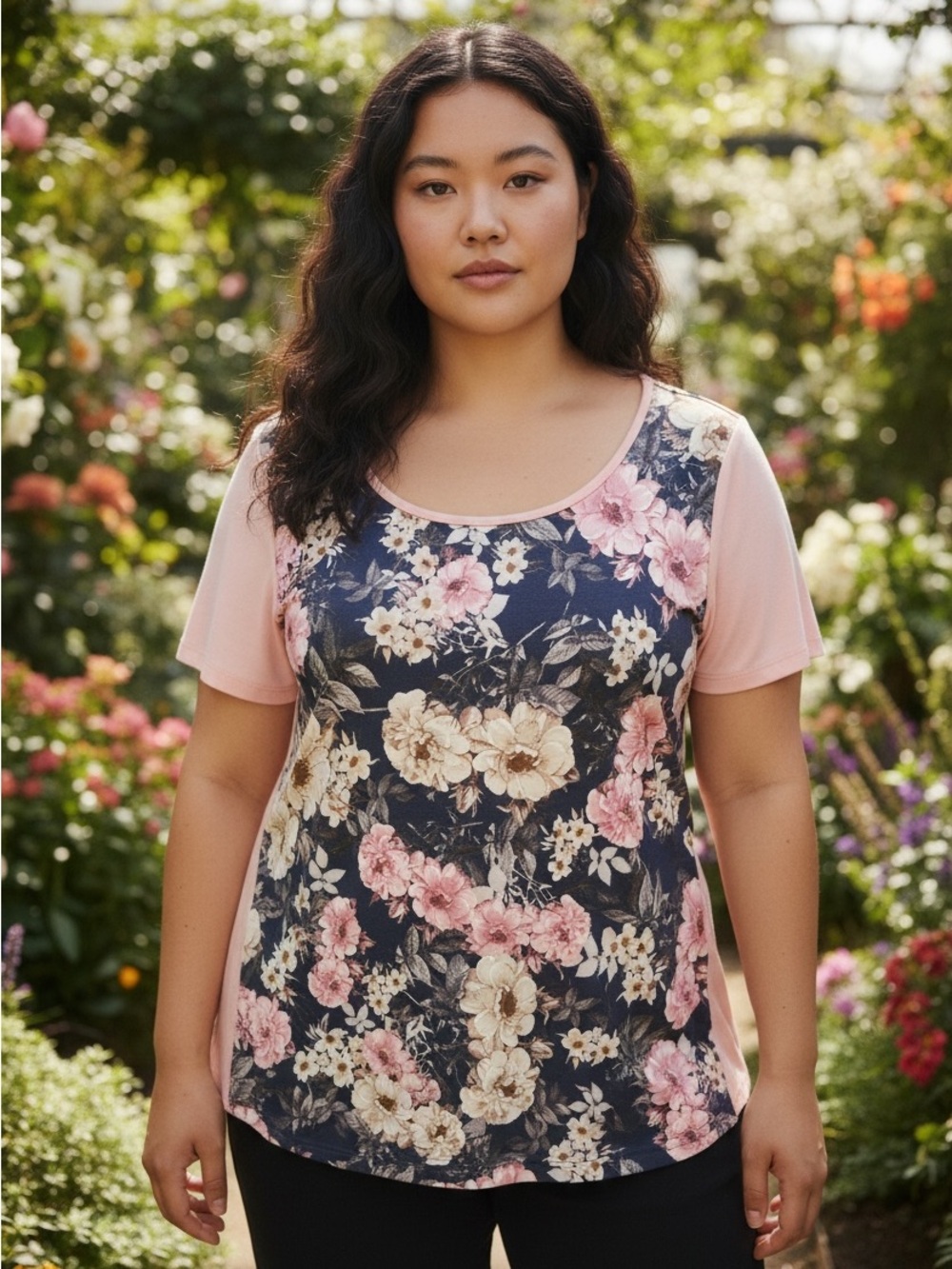 Emerald Pink Short Sleeve Scoop Neck Floral Top-EUC